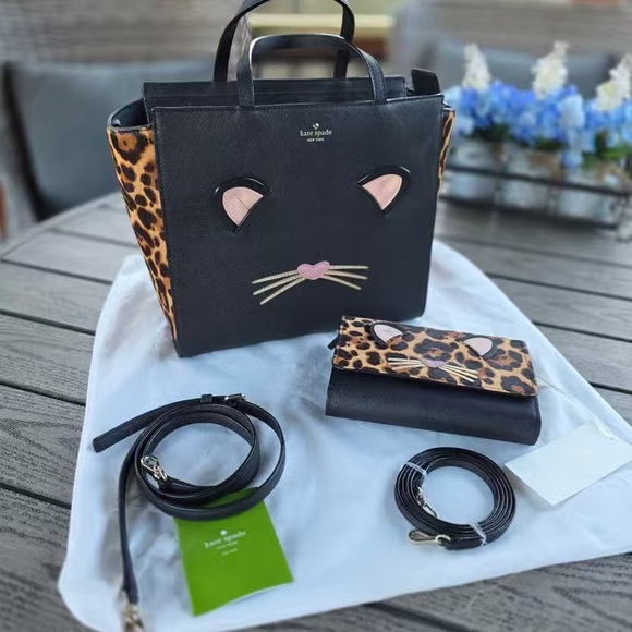 kate spade Handbags - Kate Spade Black and Leopard Cat Tote with Wallet